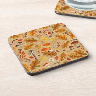 Forest mushrooms and autumn flora on ochre coaster