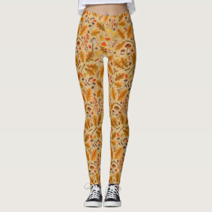 Forest mushrooms and autumn flora on ochre leggings
