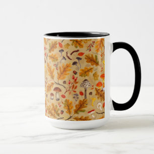 Forest mushrooms and autumn flora on ochre mug
