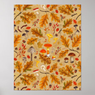 Forest mushrooms and autumn flora on ochre poster