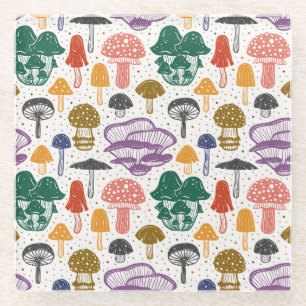Forest Mushrooms Ink Vintage Texture Glass Coaster