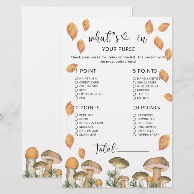 Forest mushrooms whats in your purse baby shower (Front/Back)