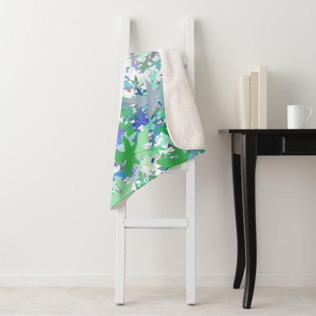 Forest Nursery Blue Green Grey Leaf Floral Pattern Sherpa Blanket (In Situ)