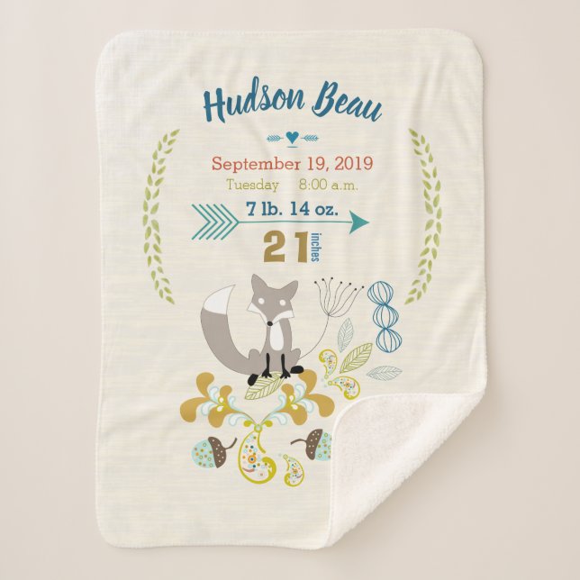 Forest Nursery Fox Leaf Floral Pattern Birth Stats Sherpa Blanket (Front)