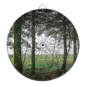 Forest overlooking clearing in the fog dartboard