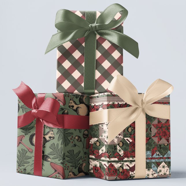 Forest Patchwork Christmas Wrapping Paper Set (Modern Cottage Christmas Patchwork Design with Winter Forest Aniimals: Rabbit, Squirrel, Cardinal. )