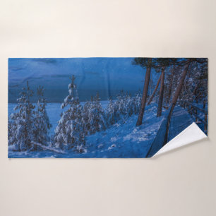 Forest path at winter night bath towel