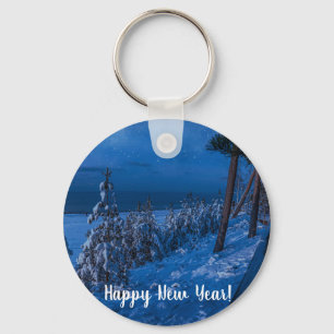 Forest path at winter night key ring