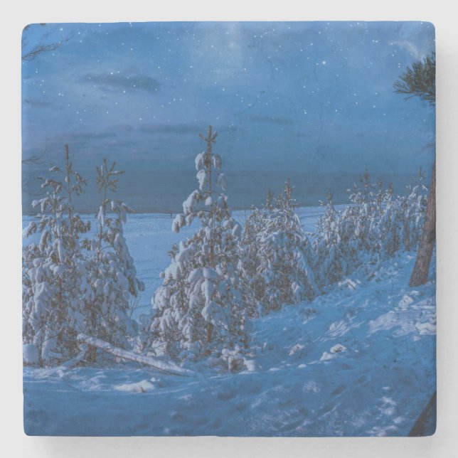 Forest path at winter night stone coaster (Front)