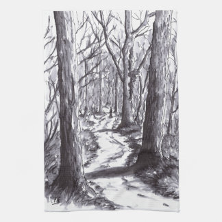 forest path ink landscape drawing tea towel