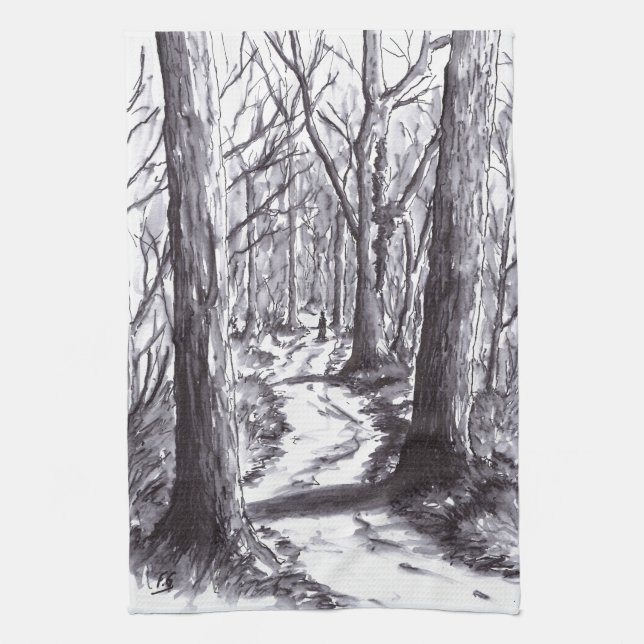 forest path ink landscape drawing tea towel (Vertical)
