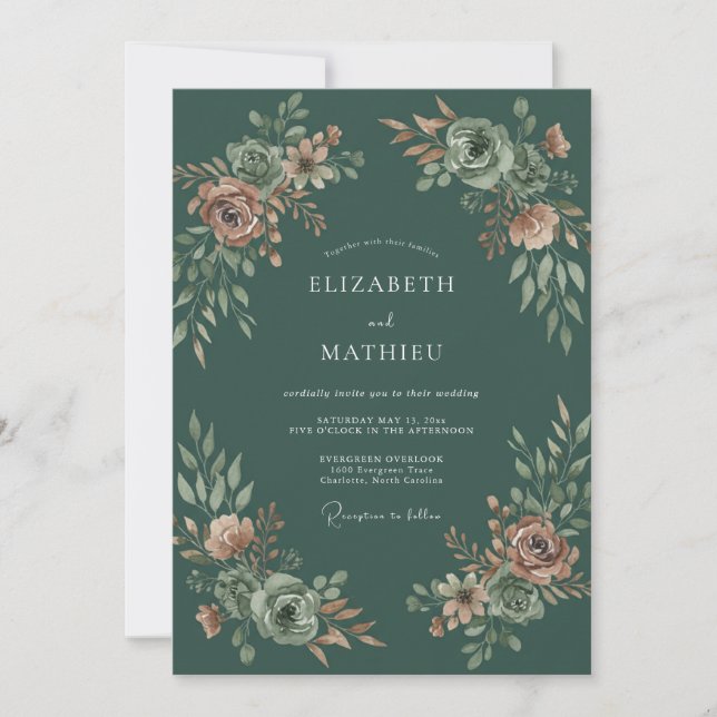 Forest Peach Wildflower Wedding Invitation (Front)