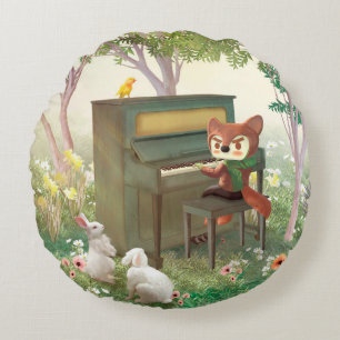 Forest Piano Concert: Iron T. Fox & Bunnies Art Round Cushion