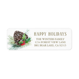 Forest Pine Cone Holly Holiday Return Address Label