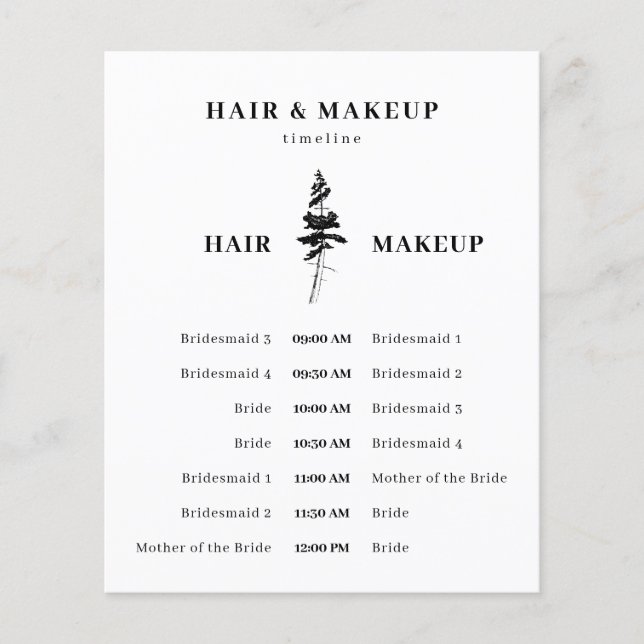 Forest Pine Tree Hair Makeup Time Plan Flyer (Front)