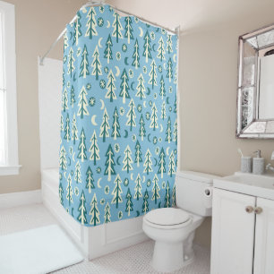 Forest Pine Trees Moon Stars Blue Green Shower Curtain