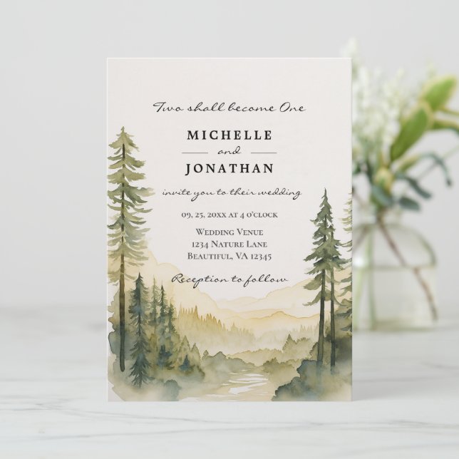 Forest Pine Trees Mountains Christian Wedding Invitation (Standing Front)