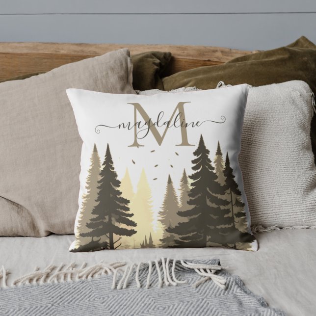 Forest Pine Trees Script Name Monogram Cushion (Creator Uploaded)