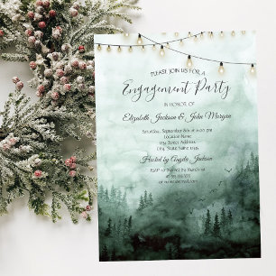 Forest,Pine Trees,String Lights Green Engagement Invitation