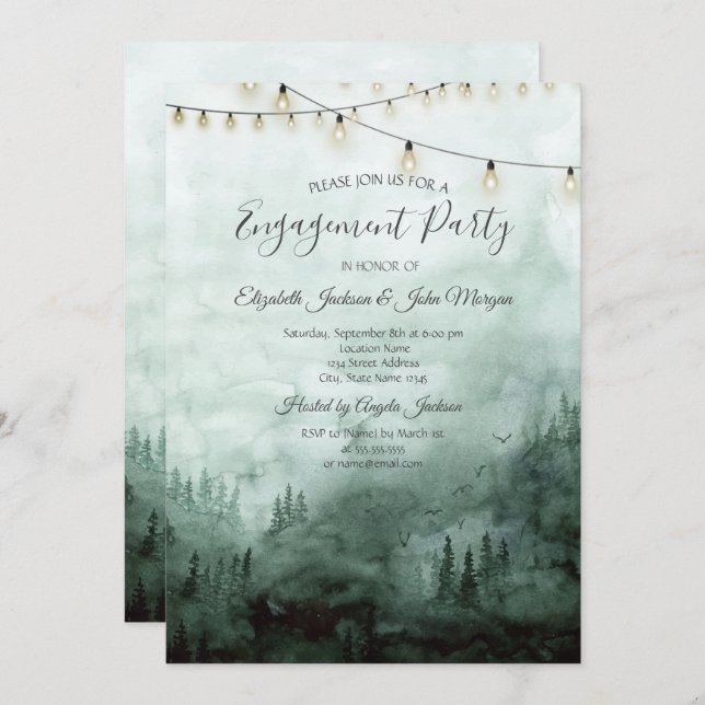 Forest,Pine Trees,String Lights Green Engagement   Invitation (Front/Back)