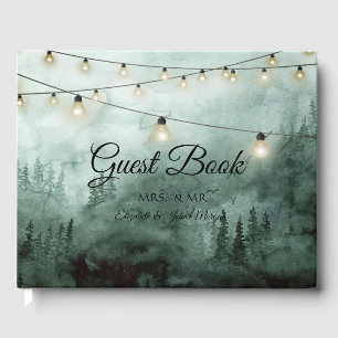 Forest,Pine Trees,String Lights Green Wedding Guest Book