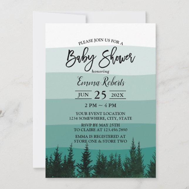 Forest Pine Trees Teal Stripes Baby Shower Invitation (Front)