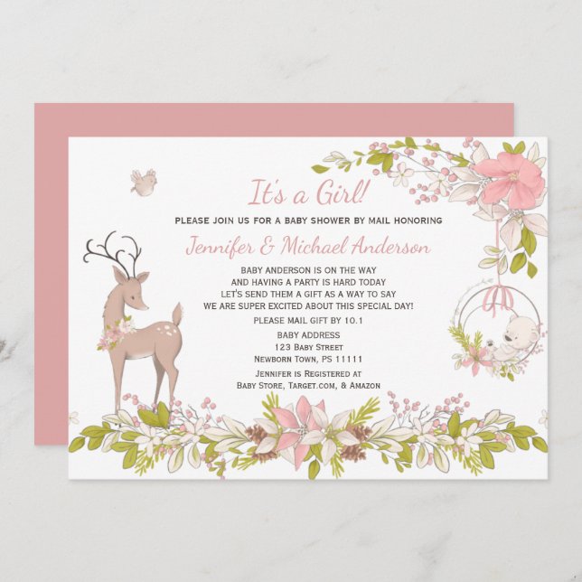 Forest Pink Girl Bear Deer Baby Shower By Mail Invitation (Front/Back)