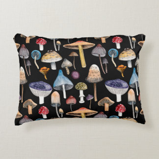 Forest plants: watercolor mushrooms, leaves patter decorative cushion