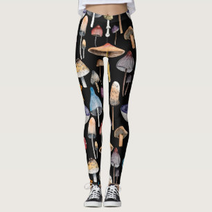 Forest plants: watercolor mushrooms, leaves patter leggings