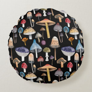 Forest plants: watercolor mushrooms, leaves patter round cushion