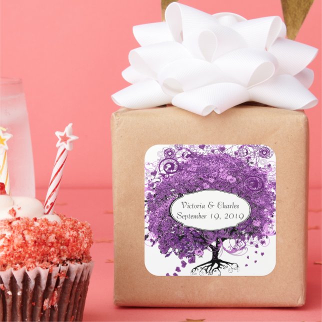 Forest Purple Heart Leaf Tree Wedding Square Sticker (Party)
