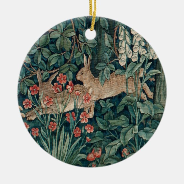 Forest Rabbits Tapestry Ceramic Ornament (Front)