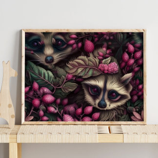 Forest Racoon Pink Berries | Racoon Wall Print