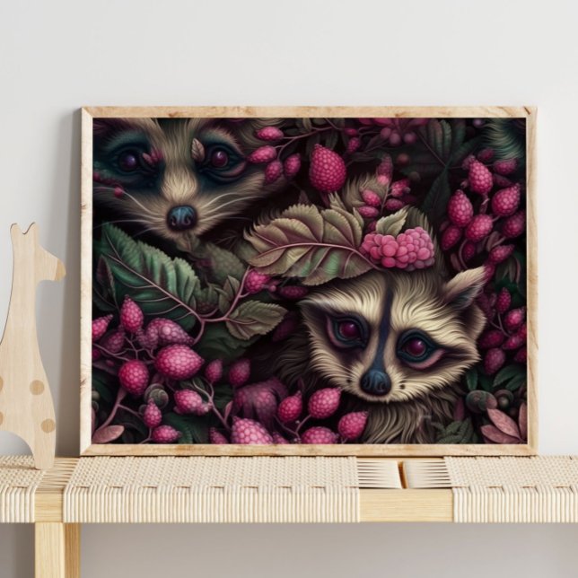 Forest Racoon Pink Berries | Racoon Wall Print (Creator Uploaded)