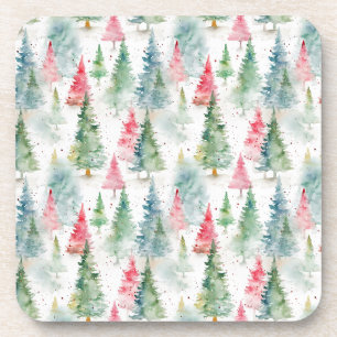 Forest, Red Green Pine Trees Holiday Coaster