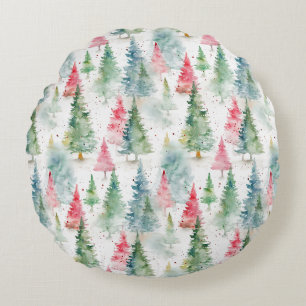 Forest, Red Green Pine Trees Holiday Round Cushion