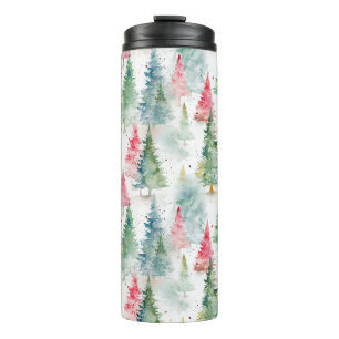 Forest, Red Green Pine Trees Holiday Thermal Tumbler