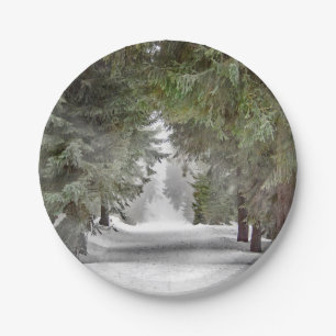 Forest Road Snow Pine Trees Photo Paper Plate