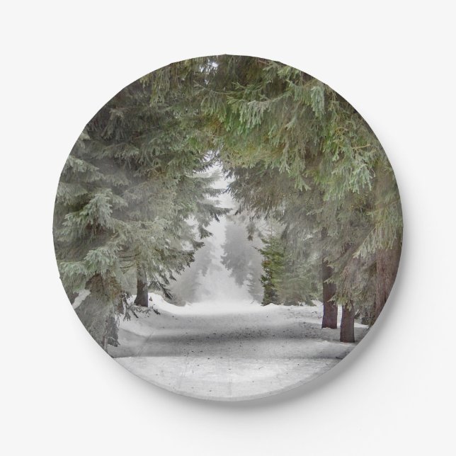 Forest Road Snow Pine Trees Photo Paper Plate (Front)