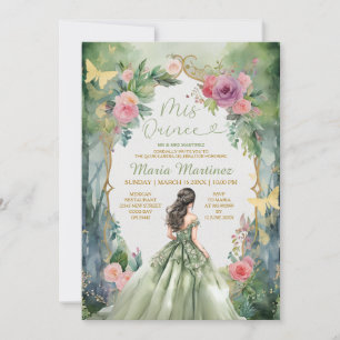 Forest Sage Green Dress Pink Flowers 15 Mis Quince Invitation