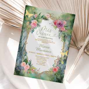 Forest Sage Green Pink Floral 15 Mis Quince Party Invitation
