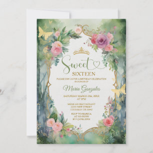 Forest Sage Green Pink Floral Sweet Sixteen Party Invitation