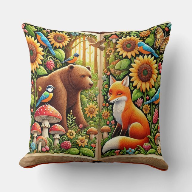 Forest Scene With Bear, Fox, Sunflowers Cushion (Front)