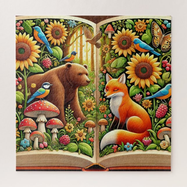 Forest Scene With Bear, Fox, Sunflowers Jigsaw Puzzle (Vertical)