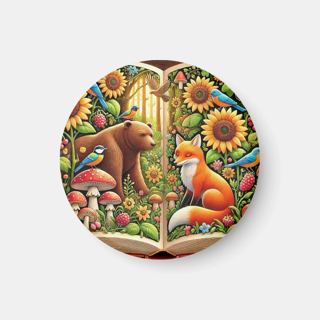 Forest Scene With Bear, Fox, Sunflowers Magnet (Front)