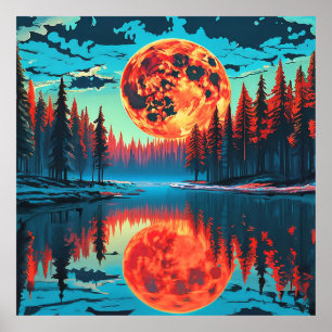 Forest Scene with Surreal Lunar Reflection Poster