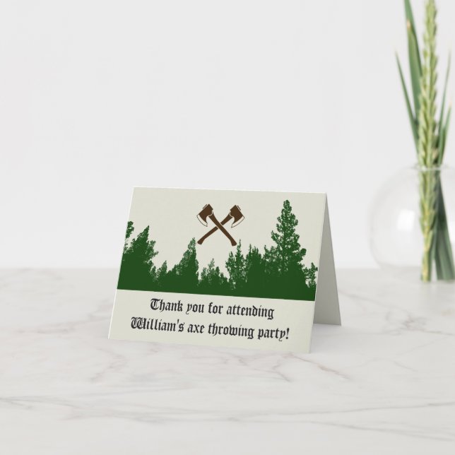 Forest Set Axe Throwing Birthday Thank You Note Card (Front)