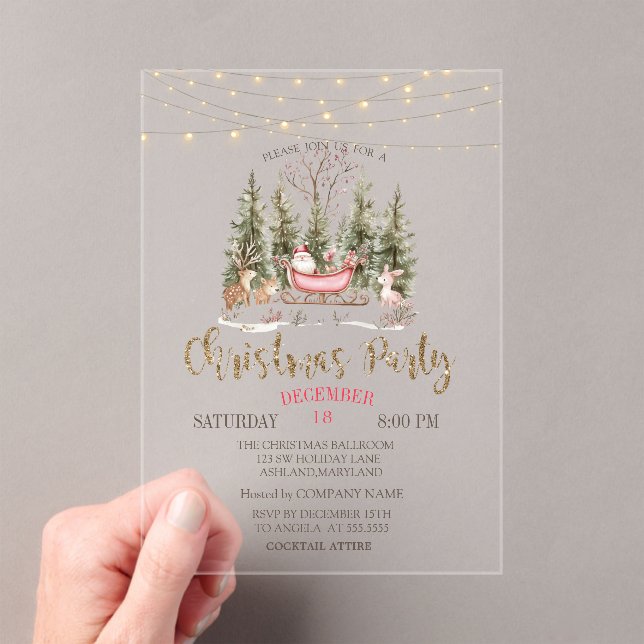 Forest, Sleigh, Lights Gold Christmas Company Acrylic Invitations (Insitu (Handheld))