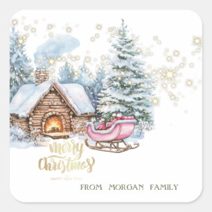 Forest Snow House Sleigh  Square Sticker