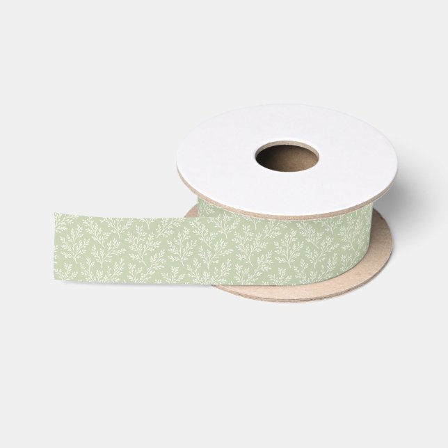 Forest Sprigs Neutral - Solt Olive Satin Ribbon (Spool)